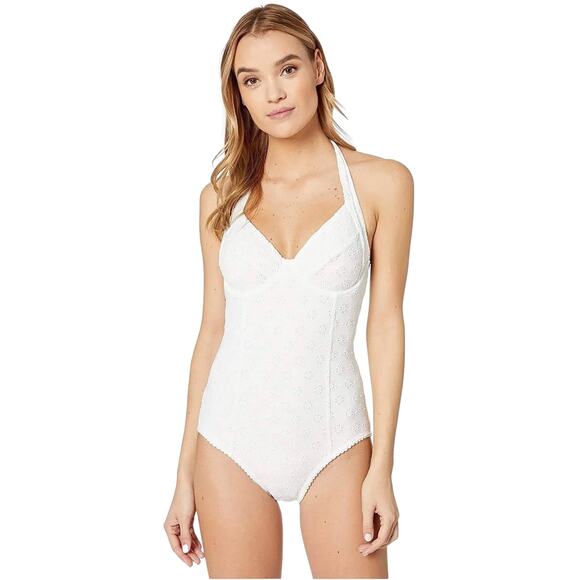 Kate Spade New York NWT Eyelet Halter Underwire One-Piece Swimsuit White Size L - Picture 3 of 11